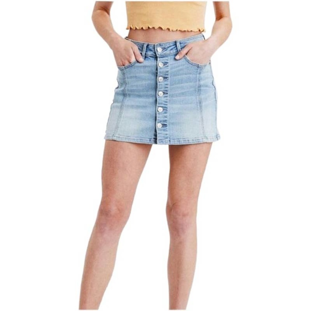 American Eagle Light Wash Button Front Hi-Rise A-Line Skirt Super Stretch Sz 4